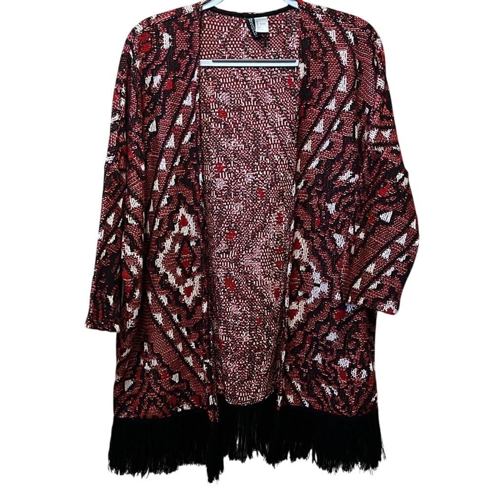 HM Divided Women Red‎ Black Geometric Fringe Open Front Cardigan Sweater L